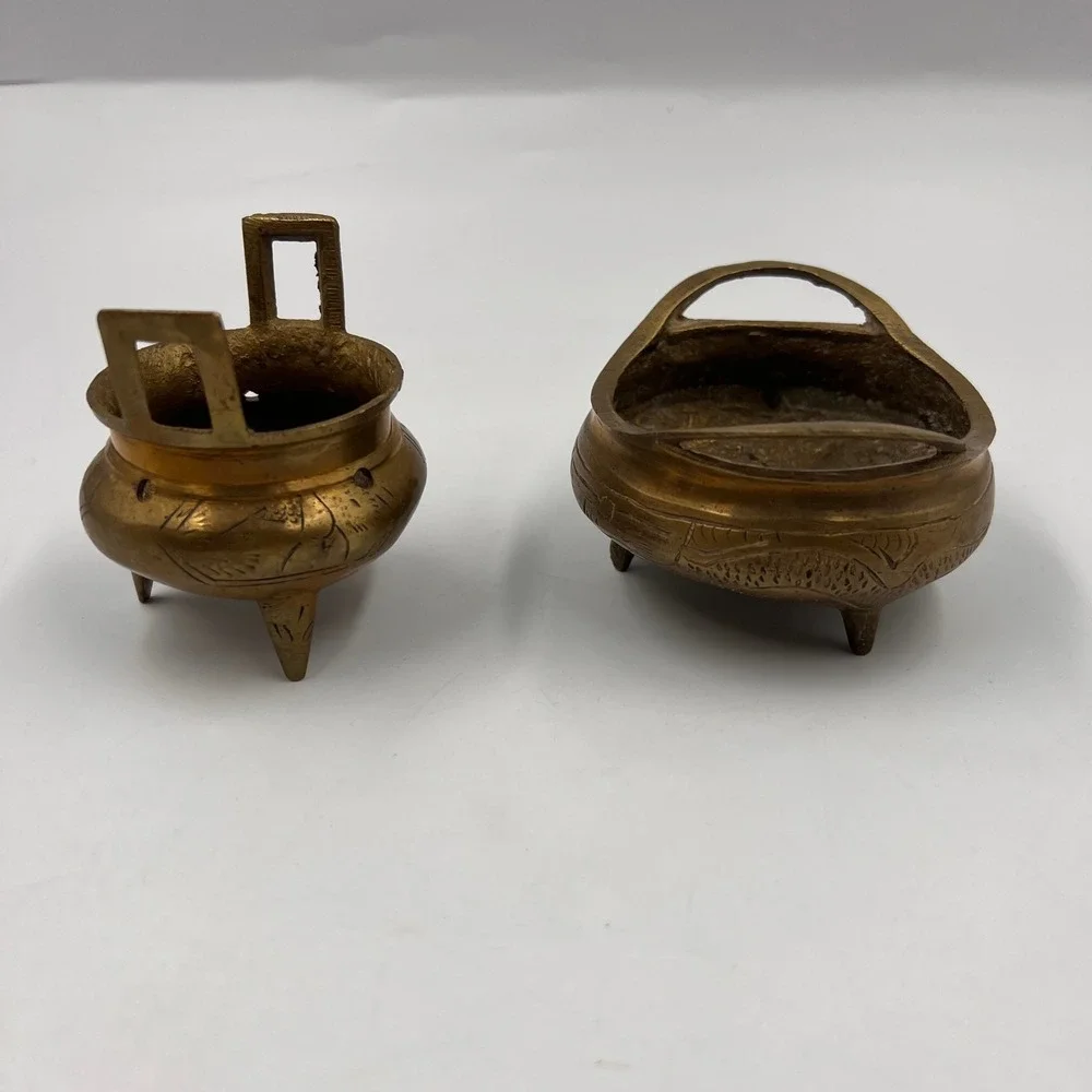 Vintage Chinese Cast‎ Brass Miniature Incense Burners Censer Pair Tripod Handled